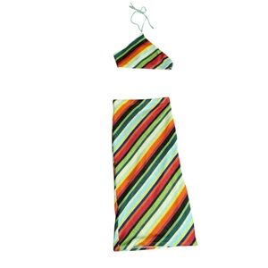 WHITE FOX womens size S striped knit halter cropped top 2 piece skirt set